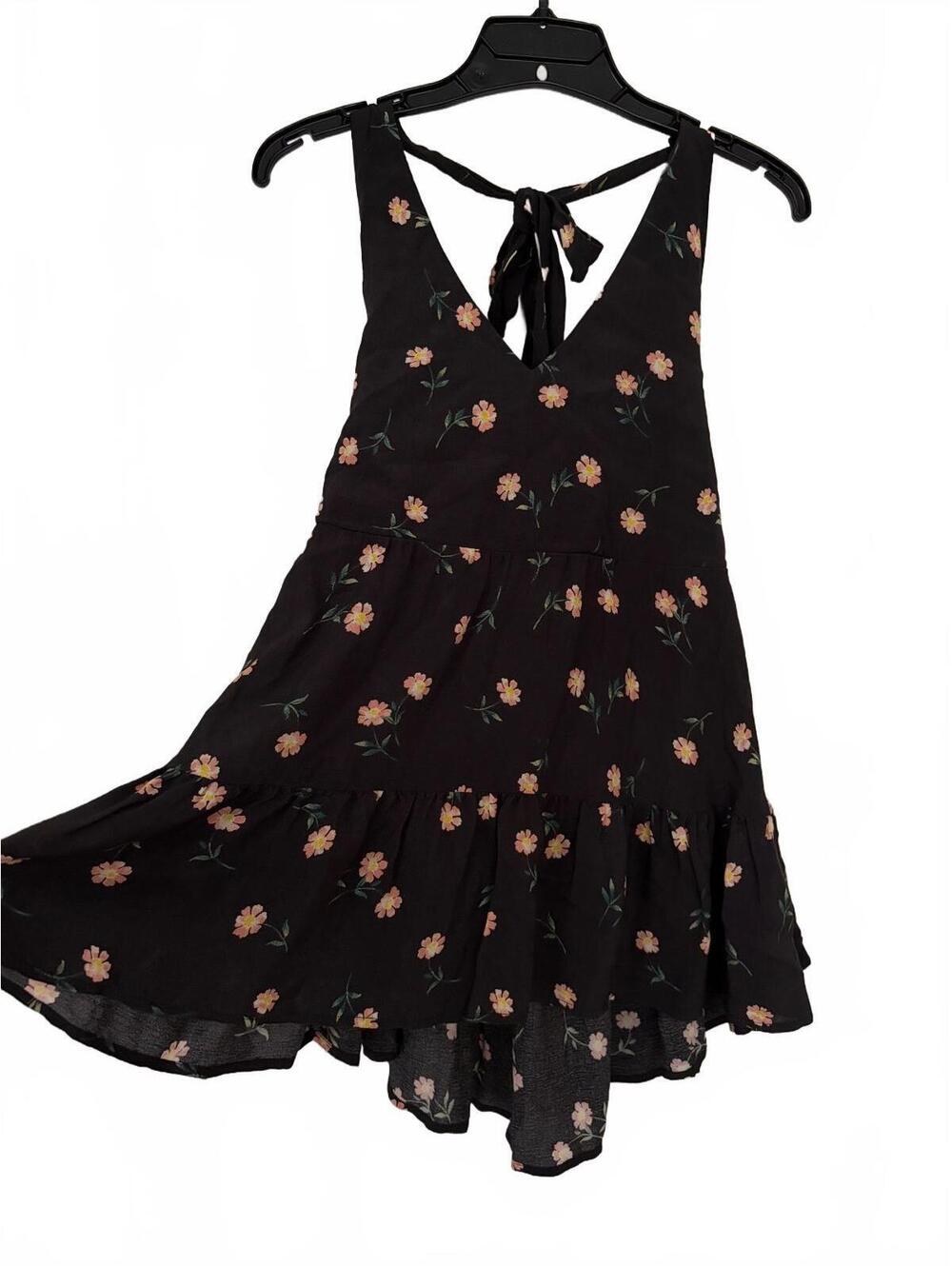 American Eagle Black Floral Babydoll Halter Mini Dress w/ Open Back, Size Small